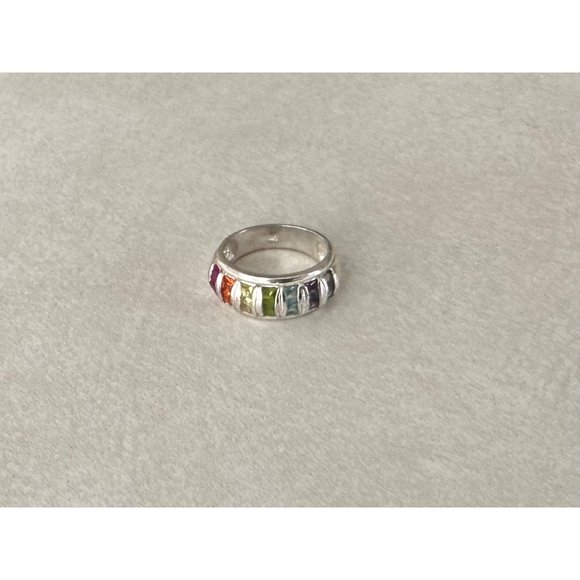 925 sterling silver white gold plated rainbow 14 genuine gemstones ring - Picture 7 of 10